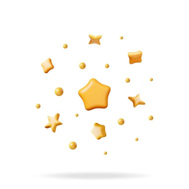3D Parti Altın Konfeti Havai fişekleri izole edildi. Altın Plastik Konfeti Koleksiyonu. Değişik şekillerde renkli havai fişek yıldızları. Parti, Holyday Sürprizi ya da Doğum Günü Olayları. Vektör İllüstrasyonu