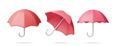 3 Boyutlu Klasik Kırmızı Şemsiye Seti beyazda izole edildi. Şemsiye Kişisel Aksesuar Koleksiyonu. Yağmurdan Koruma, Sigorta Sembolü. Gerçekçi Vektör illüstrasyonu