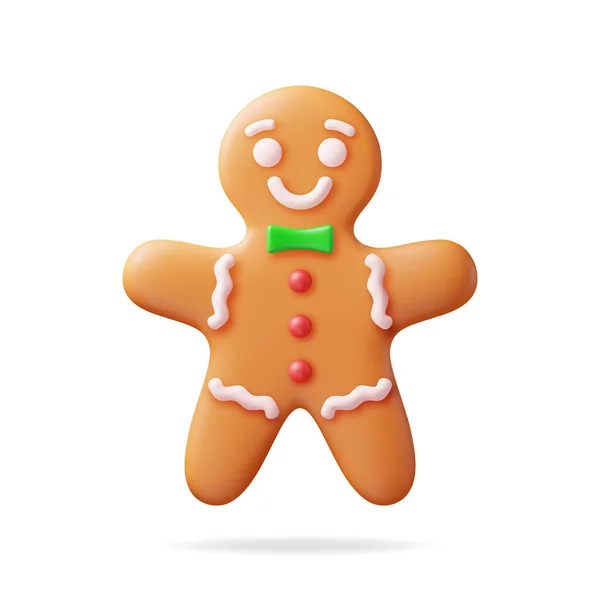 3Dホリデージンジャーブレッドマンクッキー カラーアイシングで男の形をしたレンダークッキー 明けましておめでとうございます メリークリスマス休日 新年とクリスマスのお祝い リアルなベクターイラスト — ストックベクタ