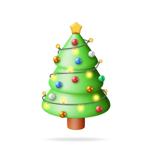 Vánoční Stromeček Zdobený Barevnými Kuličkami Věnec Světla Zlatá Hvězda Render — Stockový vektor