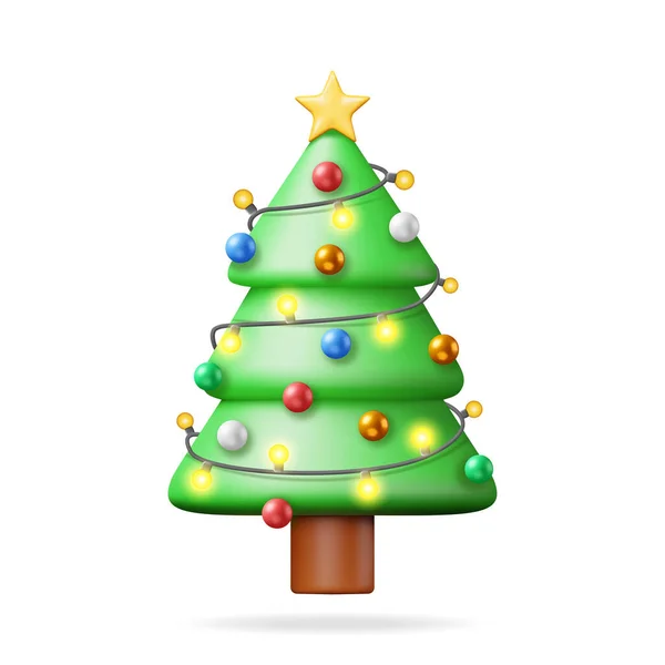 Weihnachtsbaum Dekoriert Mit Bunten Kugeln Girlanden Lichter Goldener Stern Fichte — Stockvektor