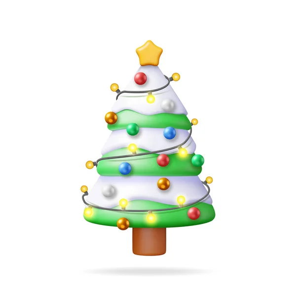 Weihnachtsbaum Dekoriert Mit Bunten Kugeln Girlanden Lichter Goldener Stern Fichte — Stockvektor