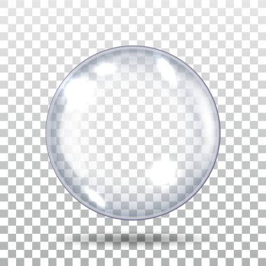 Checkered Background 'da 3D Gerçekçi Cam Küre Topu. Büyük Şeffaf Cam Küre 'yi Parıltı ve Gölge ile Yapılandır. Şeffaf Işık Küresi Simgesi. Gerçekçi Vektör İllüstrasyonu