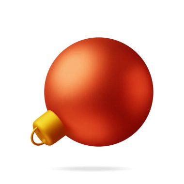 Altın Kıskaçlı 3 boyutlu Kırmızı Noel Balosu. Camdan Noel Ağacı Oyuncağı. Yeni yılınız kutlu olsun. Mutlu Noeller Tatil. Yeni yıl ve Xmas Kutlaması. Gerçekçi Vektör İllüstrasyonu