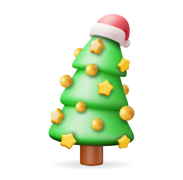 Christmas Tree Decorated Gold Balls Santa Hat Golden Star Render — Stock Vector