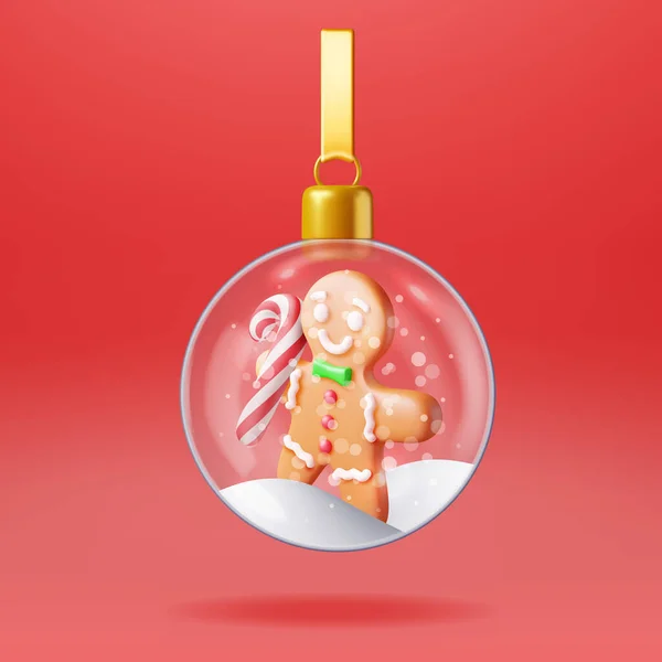 Weihnachtsglaskugel Mit Schnee Lebkuchenmann Isoliert Render Sphere Ball Mit Lebkuchenmann — Stockvektor