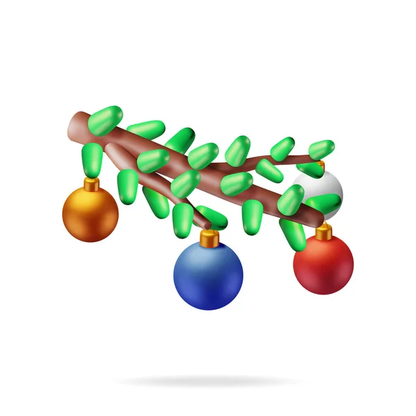 3Dクリスマスツリーブランチと掛かるガラスボール レンダリンググラスおもちゃバブル 明けましておめでとうございます メリークリスマス休日 新年とクリスマスのお祝い ベクターイラスト — ストックベクタ