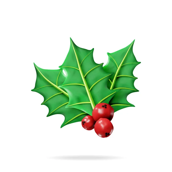 Vánoční Větvička Holly Listy Bobulemi Izolované Vykreslit Jmelí Šťastný Nový — Stockový vektor