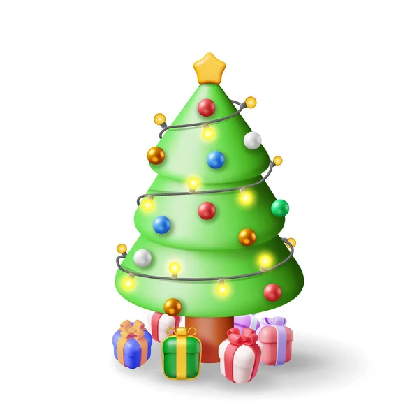Weihnachtsbaum Dekoriert Mit Geschenkschachteln Bunten Kugeln Lichtergirlanden Goldenem Stern Fichte — Stockvektor