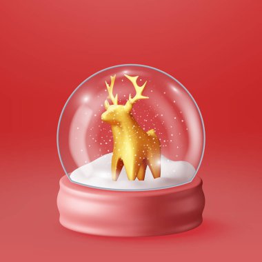 Geyik izole edilmiş üç boyutlu cam Noel Kar Küresi. Render Sphere Podium ve Ren Geyiği. Yeni yıl süslemesi. Mutlu Noeller Tatil. Xmas Kutlaması. Gerçekçi Vektör İllüstrasyonu