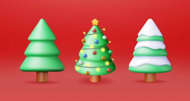 3 Boyutlu Noel Ağacı Renkli Toplar, Çelenk Işıkları, Altın Yıldız. Render Spruce, Evergreen Ağacı. Tebrik kartı, festival afişi, parti davetiyeleri. Yeni yıl. Gerçekçi Vektör İllüstrasyonu