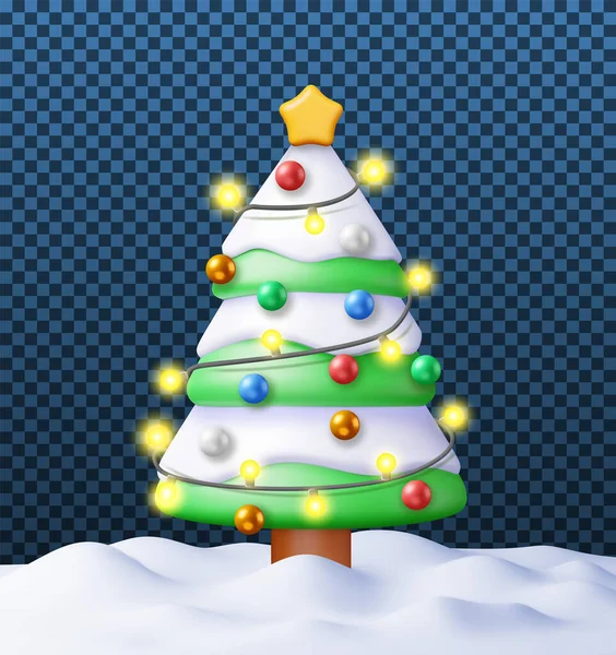 カラフルなボール ガーランドライト ゴールデンスターで飾られた3Dクリスマスツリー レンダー スプルース エバーグリーン ツリー グリーティングカード お祝いのポスター パーティー招待状 — ストックベクタ
