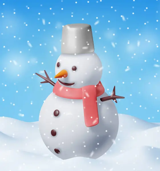 3D冬季圣诞背景 雪人和雪人用鼻翼渲染冬季风景 祝您新年快乐 圣诞佳节 现实的病媒说明 — 图库矢量图片