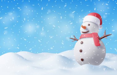 3D Kış Yılbaşı Arkaplanı. Kardan Adam ve Pamuk. Kar Manzarası 'nı Kar yağdır. Mutlu yeni yıl kutlamaları. Yılbaşı Xmas Tatili. Gerçekçi Vektör İllüstrasyonu