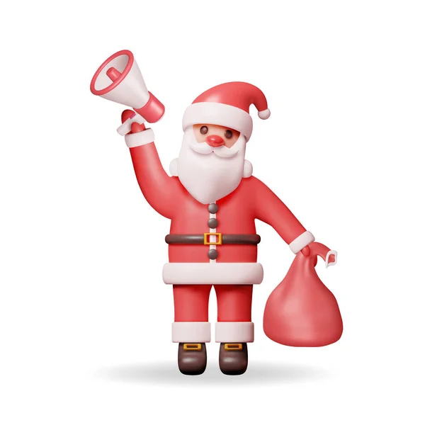 Kerstman Karakter Holding Megaphone Gift Bag Render Christmas Promotion Vakantie — Stockvector