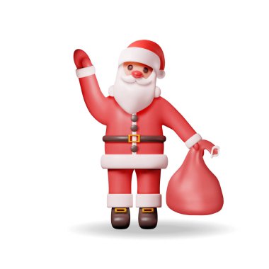 Üç boyutlu Noel Baba Karakteri Hediye Çantası izole edildi. Ayakta duran Noel Baba. Yeni yılınız kutlu olsun. Mutlu Noeller Tatil. Yeni yıl ve Xmas Kutlaması. Gerçekçi Vektör İllüstrasyonu