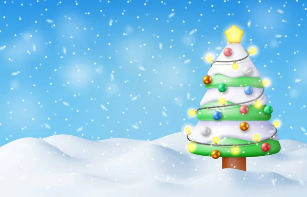 Рождество Фон Рождественская Ёлка Гирляндами Шариками Зимний Пейзаж Елкой Снегом — стоковый вектор