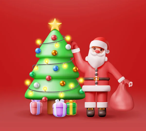 Papai Noel Com Saco Presente Árvore Natal Renderizar Feliz Ano — Vetor de Stock