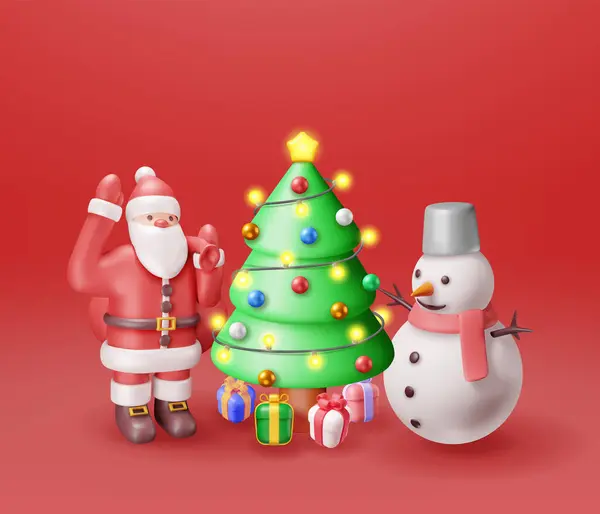 ギフトバッグ スノーマン クリスマスツリー付きの3Dサンタクロース 明けましておめでとうございます メリークリスマス休日 新年とクリスマスのお祝い リアル ベクター イラスト — ストックベクタ