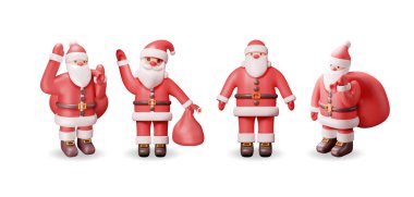 Hediye Torbalı 3 boyutlu Noel Baba Karakteri. Noel Baba 'yı Farklı Görüş Alanında Göster. Yeni yılınız kutlu olsun. Mutlu Noeller Tatil. Yılbaşı Xmas Kutlaması. Gerçekçi Vektör İllüstrasyonu