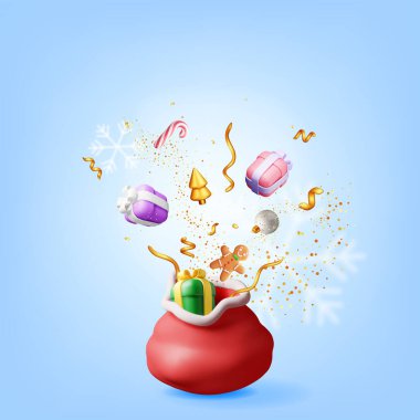 Üç boyutlu açık Noel Baba Torbası, izole edilmiş hediyelerle dolu. Hediyeler için Kırmızı Kumaş Torbası Hazırla. Yeni yılınız kutlu olsun. Mutlu Noeller Tatil. Yılbaşı Xmas Kutlaması. Gerçekçi Vektör İllüstrasyonu