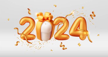 3d Altın Balon 2024 Yeni Yıl Sembolü İzole Edildi. Altın 2024 Numaralı Bayram Partisi Altın Konfeti Dekorasyonu. Metalik Balon Parlak Yazı Tipi Yeni Yıl ve Xmas Kutlaması. Gerçekçi Vektör İllüstrasyonu