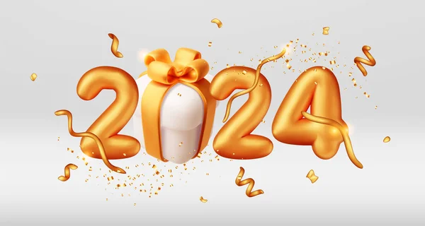 3Dゴールドバルーン 2024 新年のシンボルが分離しました レンダーゴールデン2024番号ホリデーパーティーゴールドコンセッティデコレーション メタリックバロン 光沢のあるフォント 新年とクリスマスのお祝い リアル ベクター イラスト ロイヤリティフリーストックベクター