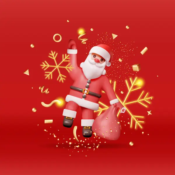 ギフトバッグとクリスマスコンセッティ付きの3Dサンタクロース 明けましておめでとうございます メリークリスマス休日 新年とクリスマスのお祝い リアル ベクター イラスト ストックベクター