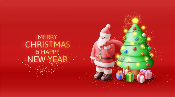 ベルとグリーンクリスマスツリーと3Dサンタクロース レンダーハッピーニューイヤーデコレーションバナー メリークリスマス休日 新年とクリスマスのお祝い リアル ベクター イラスト ストックベクター
