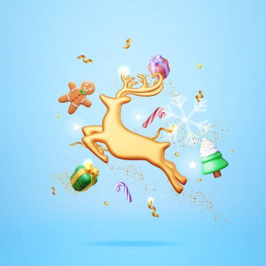 Altın Boynuzlu 3D Geyik ve Noel Ağacı. Yeni Yıl Dekorasyonu Sancağını Yapın. Mutlu Noeller Tatil. Yeni yıl ve Xmas Kutlaması. Gerçekçi Vektör İllüstrasyonu