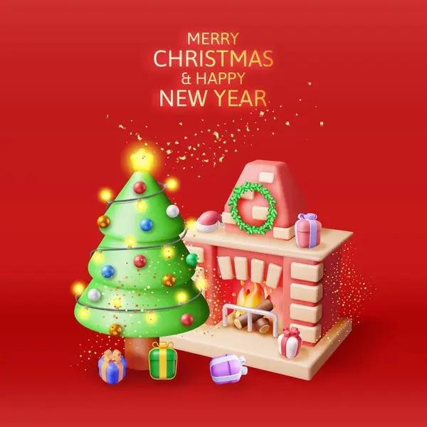 3D赤レンガの新年の暖炉が隔離されました レンダークリスマスは ソックス ツリー ギフトで暖炉を飾りました 明けましておめでとうございます クリスマス休暇 新年とクリスマスのお祝い ベクターイラスト ストックイラスト