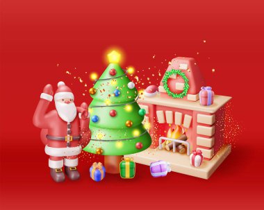 3D Kırmızı Tuğla Yeni Yıl Şöminesi ve Noel Baba. Noel süslü şömineyi çorap, ağaç ve hediyelerle donatın. - Mutlu yıllar. Noel tatili. Yeni yıl ve Xmas Kutlaması. Vektör İllüstrasyonu