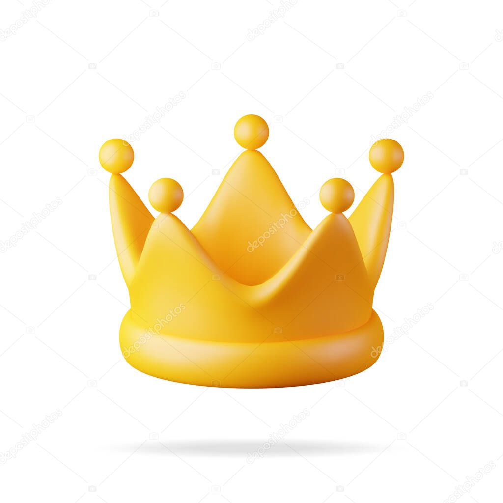 3D Gold Crown Icon Isolated on White. Render Golden Crown Emoji Symbol. Emoticon for VIP, Rich, Winner Luxury Premium Success. Customer Feedback, Rating or Status Signs. Realistic Vector Illustration