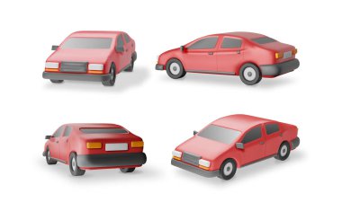 3 boyutlu Red Car Vintage Model. Gerçekçi Otomobil Koleksiyonu. Klasik Sedan Motorlu Araç. Plastik Oyuncak Araba. Sürücü Okulu Araba Paylaşımı ve Tamir Servisi Reklamı. Vektör İllüstrasyonu