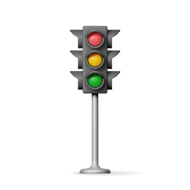 Üç Renkli Üç Boyutlu Trafik Işıkları. Trafik ışıkları simgesini oluştur. Taşımacılık Hareketi Konsepti. Trafik Yönetmeliği, Güvenlik Hareketi. Gerçekçi Vektör İllüstrasyonu
