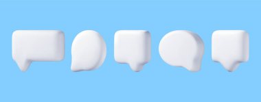 3D Beyaz Boş Konuşma Baloncuk Seti Mavi 'de izole edildi. Sohbet Balonu İğnesi Koleksiyonu. Bilgilendirme Biçimi Mokup. İletişim, Web, Sosyal Ağ Medyası, Uygulama Düğmesi. Gerçekçi Vektör İllüstrasyonu