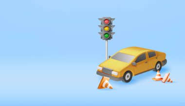 Trafik konisi ve trafik ışıkları olan 3 boyutlu Sedan Car izole edildi. Ehliyet kursunun sunumu. Sürücü kursları, Öğretmenlik Hizmetleri ve Araba Eğitim Testleri. Gerçekçi Vektör İllüstrasyonu