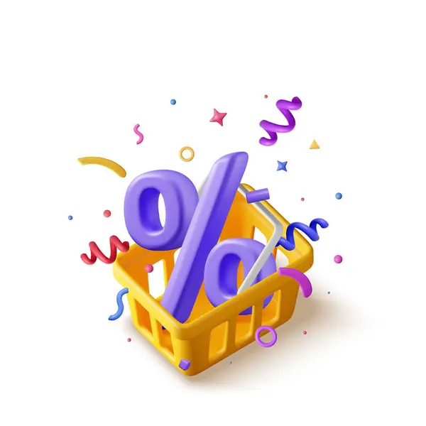 Shopping Basket Percentage Symbol Confetti Isolated Render Realistic Shopping Cart ストックベクター