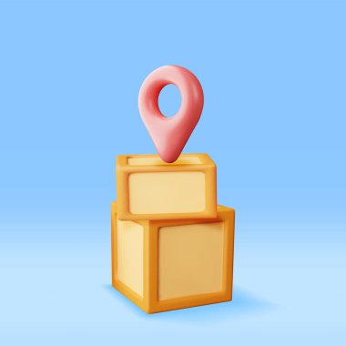3D Kutu Paket ve Lokasyon Şifresi. Kapaklı karton paketi hazırla. Kırılganlığın posta izleri. Karton Teslimat Paketi. Sunum, Hediye Ulaşım ve Lojistik. Vektör İllüstrasyonu