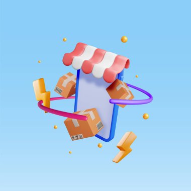 Smartphone 'da üç boyutlu paket kutusu ve güneşlik. Kapaklı karton paketi hazırla. Kırılganlığın posta izleri. Karton Teslimat Paketi. Ulaşım ve Lojistik. Vektör İllüstrasyonu