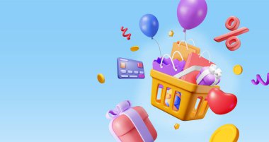 3D Turuncu Plastik Alışveriş Sepeti, hediye kutuları ve poşetleri. Gerçekçi Alışveriş Arabası Satın Almalarla Doludur. Alışveriş Konsepti. Süpermarket Basket Önü Görünümü. Çizgi film Vektör İllüstrasyonu