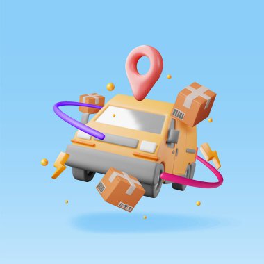 3D Kargo Minibüsü ve Karton Kutular beyaza izole edildi. Render Express Teslimat Hizmetleri Ticari Kamyonu. Arabayla hızlı ve ücretsiz teslimat kavramı. Kargo ve Lojistik. Gerçekçi Vektör İllüstrasyonu