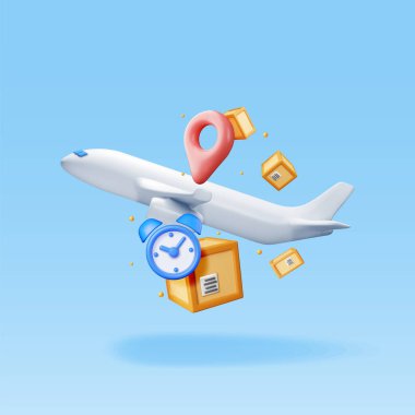 3 boyutlu teslimat uçağı ve karton kutular izole edildi. Render Express Teslimat Hizmetleri Ticari Uçağı. Uçakla hızlı ve ücretsiz teslimat kavramı. Kargo ve Lojistik. Vektör İllüstrasyonu