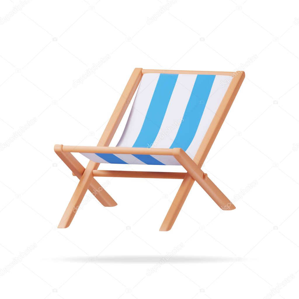 3D Wooden Chaise Lounge Isolated. Render Sun Lounger, Deckchair, Sunbed, Beach Chair. Wood Striped Deck for Sunbathing on Vacation. Vector Illustration