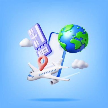 3D uçak bileti, uçak ve telefon. Uçak Simgesi, Gözyaşı Hattı ve Barkod ile Kağıt Bilet Hazırla. Online Rezervasyon, Arama Biletleri Uygulaması. Tatil ya da tatil. Ulaşım Belgesi. Vektör İllüstrasyonu