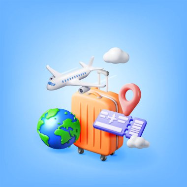 3D uçak bileti, seyahat çantası, dünya ve uçak. Uçak Simgesi, Bavul ve Dünya Gezegeni ile Kağıt Bilet Hazırlama. Seyahat elementi. Tatil ya da tatil. Ulaşım Belgesi. Vektör İllüstrasyonu
