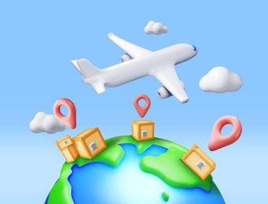 3D Delivery Airplane, Globe and Cardboard Box Isolated. Render Express Delivering Services Commercial Plane. Concept of Fast and Free Delivery by Aircraft. Cargo and Logistic. Vector Illustration clipart