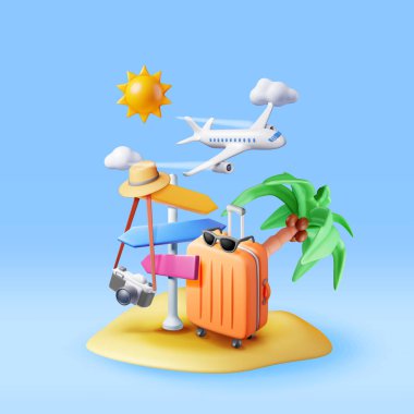 Bavulu, palmiyesi, işaretçisi ve uçağı olan 3D küçük ada. Seyahat çantası fotoğraf makinesi ve şapka hazırlayın. Seyahat tasarım elementi. Tatil ya da tatil. Ulaşım konsepti. Vektör İllüstrasyonu