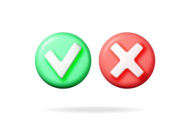 3 Boyutlu Doğru ve Yanlış Düğme Biçimi. Yeşil Evet ve Kırmızı Hayır Yanlış İşaret. İşaretli Tik Reddetme, İptal, Hata, Durma, Olumsuz, Anlaşma Onayı veya Güven Sembolü. Vektör İllüstrasyonu