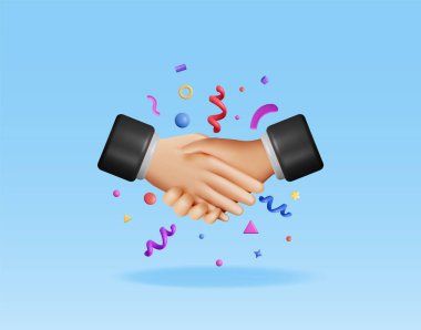 Üç boyutlu el sıkışma hareketi ve konfeti izole edildi. El sıkışma kavramı. Ortaklık ilişkileri. İş ortakları tokalaşır. Başarılı bir alışveriş, anlaşma, anlaşma. Vektör illüstrasyonu